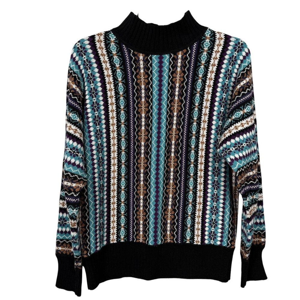 Dressbarn Sweater Womens Large Blue Brown Print Coogi Style Mock Neck Cozy